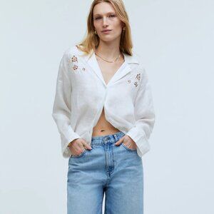 Madewell White Linen Resort Long-Sleeve Eyelet Shirt Size XS